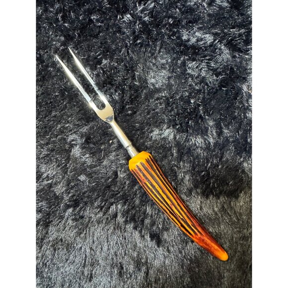 Vintage Butterscotch Bakelight Carving Fork With Orange & Black Striped Handle - Picture 1 of 6